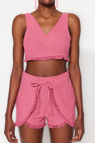 Trendyol Collection Rózsaszín bojt részletes strandblúz-strandnadrág szett TBESS22AU0141