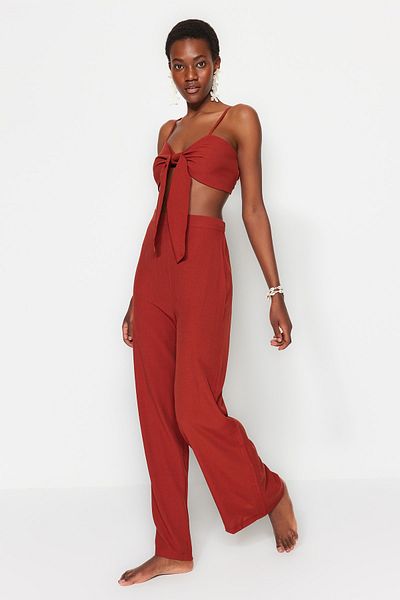 Trendyol Collection Καφέ Σετ Παραλίας - Μπλούζα και παντελόνι με υφαντό δέσιμο TBESS22AU0108