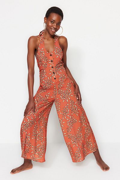 Trendyol Collection Virágmintás, szövött hátú, mélyen dekoltált jumpsuit TBESS23TU00003