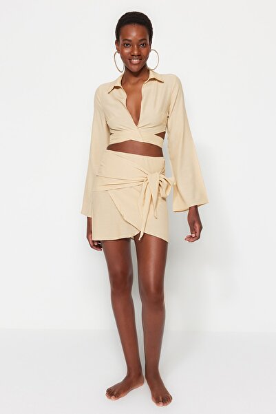 Trendyol Collection Bézs blúz és strandszoknya szett - szőtt fűzős, TBESS23AU00077