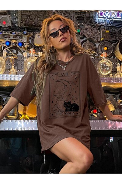 Benisengiydir Dámské oversize tričko s výstřihem a výstřihem The Moon v hnědé barvě