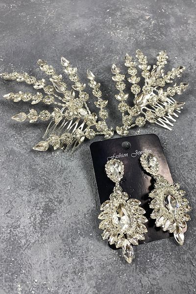 Hobigram Set de accesorii pentru păr și cercei cu coroană Henna model Helen cu frunze duble argintiu – Coroană, piatră de cristal –