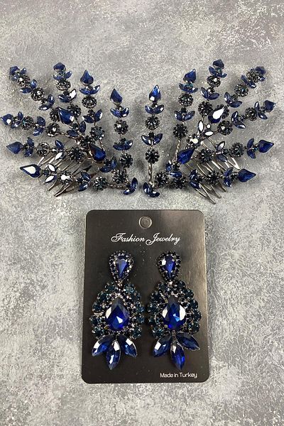 Hobigram Set de accesorii pentru păr și cercei de seară cu coroană de henna model Helen cu frunze duble bleumarin – Taç