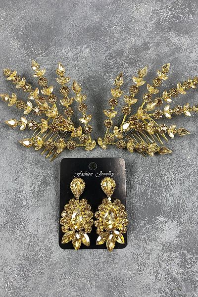 Hobigram Set de accesorii pentru păr și cercei de seară cu coroană de henna model Helen cu două frunze de culoare miere – Taç