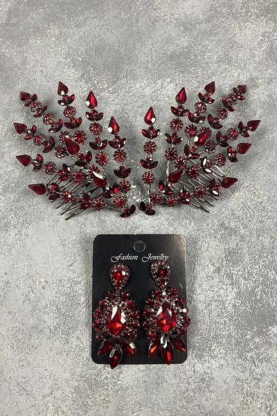 Hobigram Set de accesorii pentru păr și cercei de seară cu coroană de henna model Helen cu frunze duble burgundy – Taç