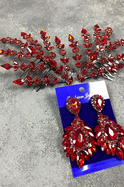 Hobigram Set de accesorii pentru păr și cercei cu coroană cu henna model Helen cu frunze duble roșii – coroană, piatră de cristal
