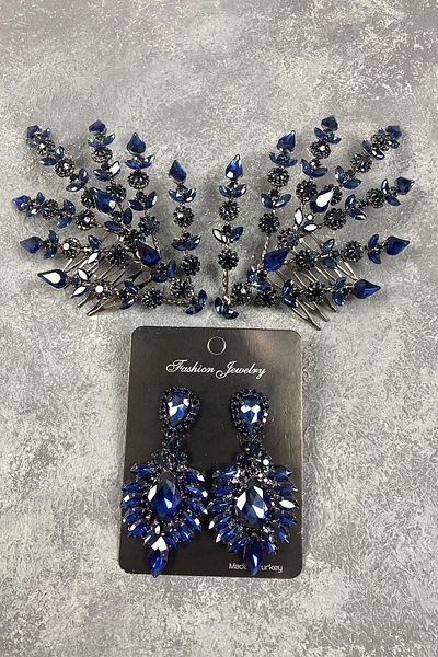 Hobigram Set de accesorii pentru păr și cercei cu coroană Henna, model Helen, cu frunze duble, albastru bleumarin – Coroană, piatră de cristal