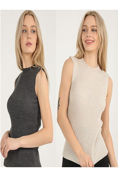 VEGENZE Pulover de damă, bej, antracit, cu guler zero, cu mâneci zero