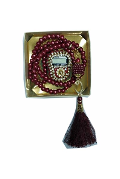 Hac Dünyası Kutulu Lüks Zikirmatik Inci Tesbih Seti Bordo