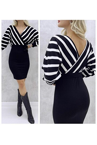 JANES Γυναικείο πλεκτό φόρεμα με ριγέ μοτίβο με διπλό στήθος μεσαίου μεγέθους λεπτή ζώνη 85 εκ.