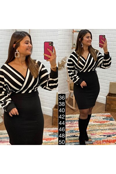 JANES Γυναικείο πλεκτό φόρεμα με ριγέ μοτίβο με διπλό στήθος μεσαίου μεγέθους λεπτή ζώνη 85 εκ.