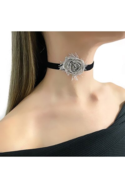 takıperest Gri Tek Çiçekli Siyah Süet Tasarım Choker Kolye