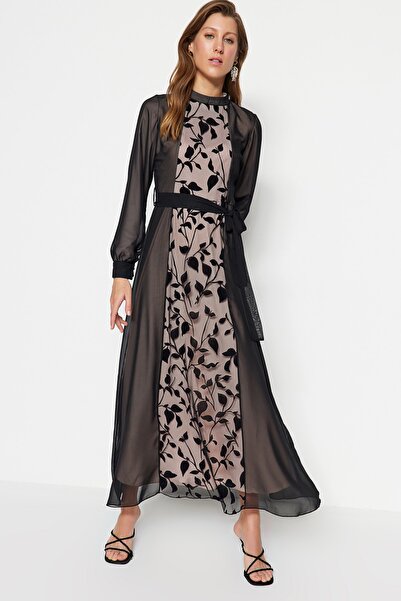 Trendyol Modest Schwarzes gefüttertes Abendkleid aus Tüll mit Blumenmuster TCTSS23DB00027