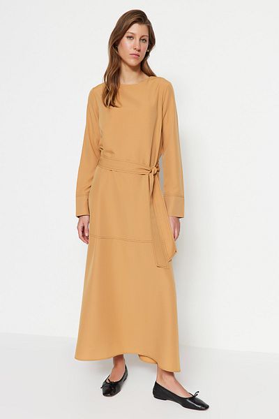 Trendyol Modest Camel Belted Stitching Detail Wide Cuffed Woven Dress TCTSS23EB00278