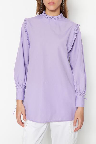 Trendyol Modest Lila váll és mandzsetta fodros szőtt pamut tunika TCTSS23UK00083