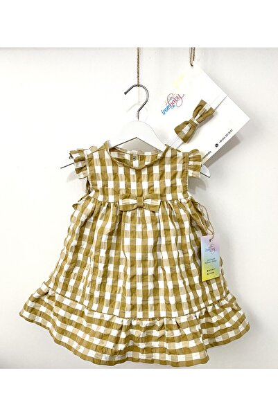 irembaby Kız Bebek Elbise Bej Karamel Renk Ekoseli Kareli Büzgülü Elbise Last...
