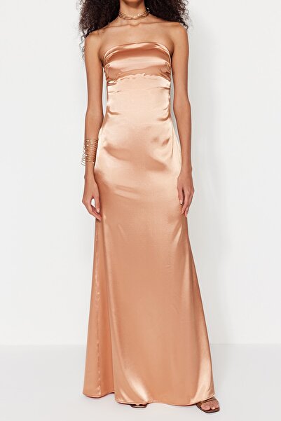 Trendyol Collection Dlouhé večerní tkané saténové šaty Losos TPRSS23AE00079