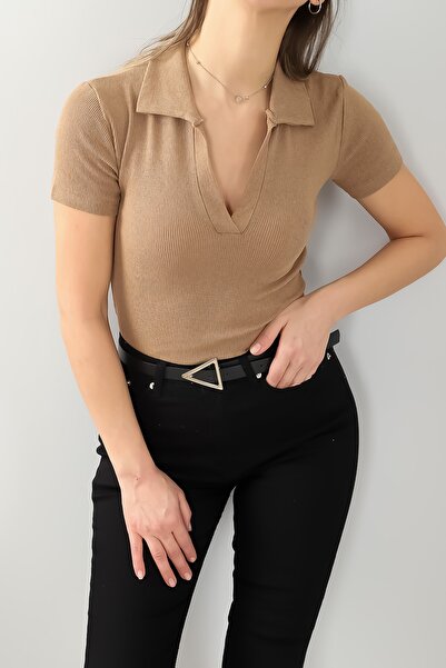 LACHT Bluză tricotată pentru femei, cu mânecă scurtă, cu gât polo