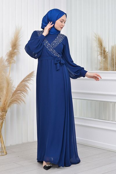 poplinmoda Asymmetrical Jewelled Chiffon Evening Dress-eyşan Model