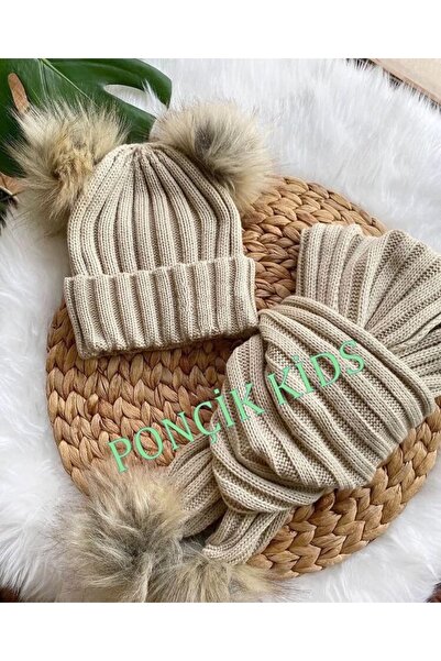 Ponçik Baby Kids Set eșarfă și bonetă pentru copii din nurcă cu pompon dublu