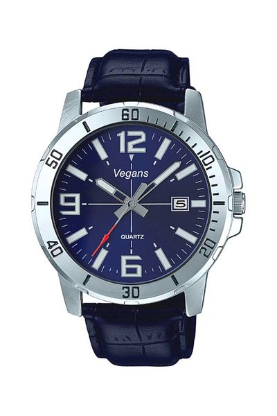 Vegans 8050 Leather Strap Men's Wristwatch Navy Blue