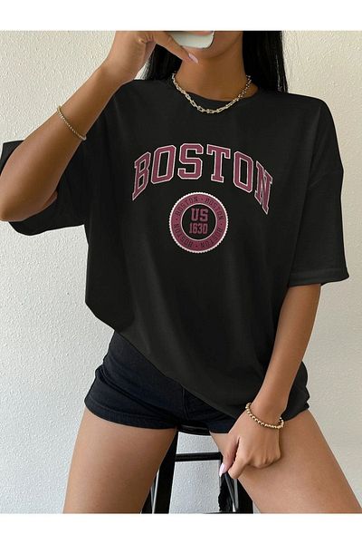 Black Sokak Tricou Blacksokak pentru femei, negru, cu imprimeu Boston, cu decolteu triplu supradimensionat