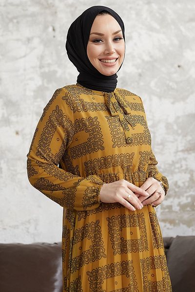 InStyle Luiza Tie Collar Chiffon Φόρεμα - Μουστάρδα