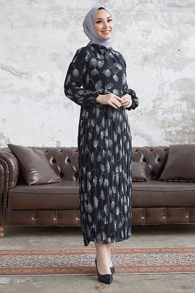 InStyle Blasses Meeresblatt-Chiffonkleid mit Falten – Schwarz