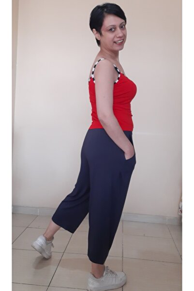 Mertcan Butik Navy Blue Elastic Waist Casual Combed Viscose Capri Bottom Pajamas