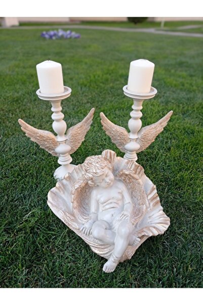 BilgeCe hoMe Melek Kanatlı Şamdan, Istiridye Melek Heykeli, Melek Kanatlı Mumluk, Polyester Heykel