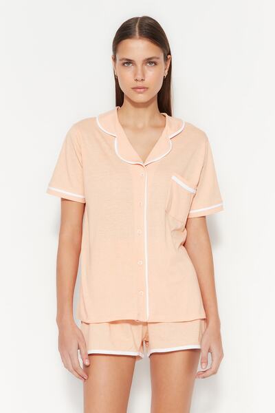 Trendyol Collection Σολομός 100% βαμβακερή σωλήνωση Λεπτομερές σορτς πλεκτό σετ πιτζάμα THMSS20PT0406