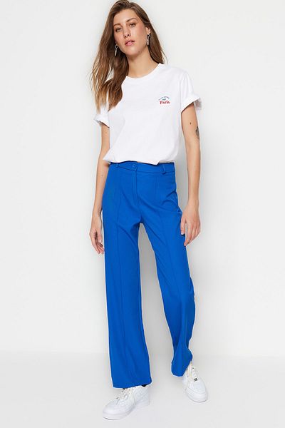 Trendyol Collection Saks rovný/rovný střih Vysoký pas Žebrované prošívání Tkané kalhoty TWOSS21PL0093