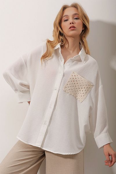 Trend Alaçatı Stili Women's White Crocheted Textured Linen Shirt with Pockets ALC-X9835