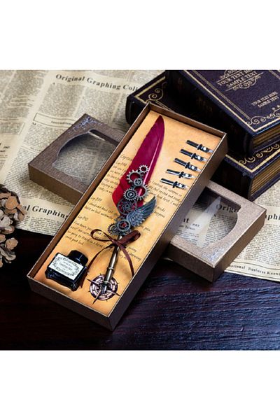 hediyeconcepti Vintage Feather Fountain Pen Set Extra Thin Fountain Pen Gifts Back School Gift Set For Student