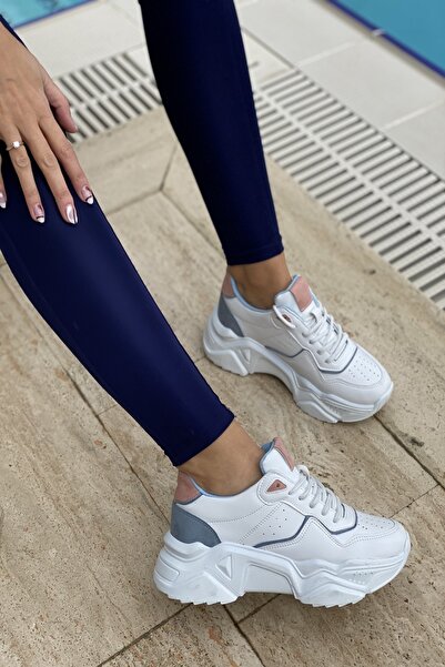 İnan Ayakkabı White Blue Powder Women's Sneakers - Casual Sports Shoes, 5 cm Sole
