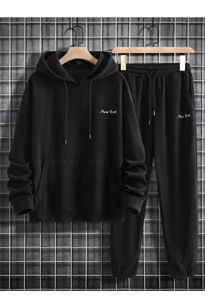 MODARİCH Men's Black New York Written Bottom Top Tracksuit Set Oversize Hooded