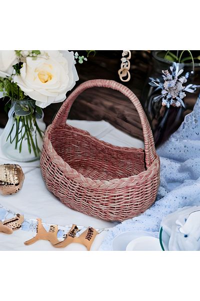 Bahat Wicker Handmade Antique Pink Mini Picnic Basket G4