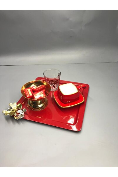 Mira züccaciye Stainless Steel Square Red Coffee, Tea, Decorative Presentation Serving Tray with Luxury Butterfly Accessories