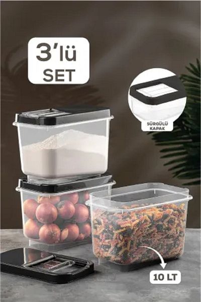 Şahane Pazar 3 Pieces Storage Container Box Sliding Lid 10lt - Black Fma00766