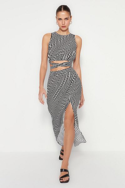 Trendyol Collection Černá geometrická vzorovaná viskózová tkanina Midi délka Tkaná sukně TWOSS23ET00017