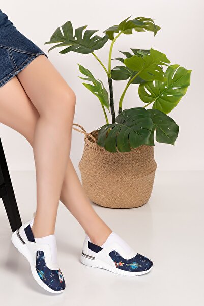 Nur Ortopedi Navy Blue Planet Patterned Mirrored Stretch Orthopedic Sports Shoes