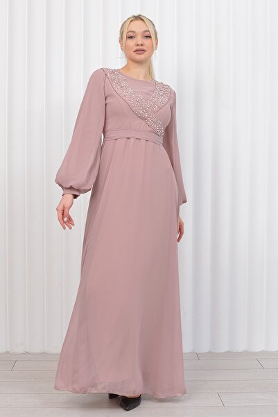 poplinmoda Asimetrik Taşlı Şifon Abiye