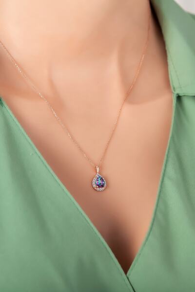 klas gümüş Mistik Topaz Damla Taşlı Rose Kolye-925 Ayar Gümüş