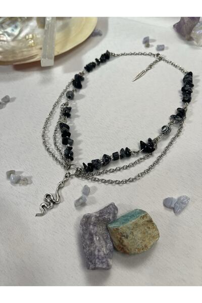Lullaby Obsidyen Yılan Fairycore Y2k Goth Hediyelik Tasarım Doğal Taş Kolye