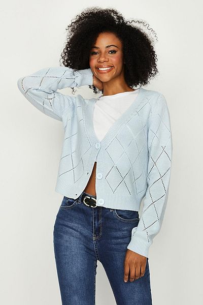 Select Moda Cardigan de tricotaj cu nasturi cu model de diamante albastre de damă