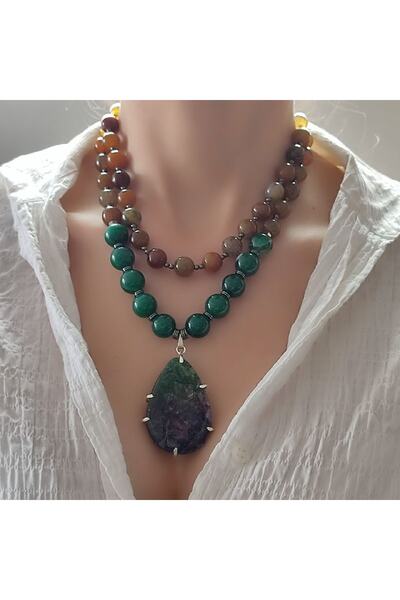 elinasaccessories Özel Tasarım Doğal Taş Kolye Renkli Akik Kolye Doğal Taş Yeşil Kolye Değerli Taş Kolye