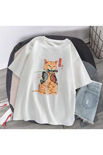 Touz My Vision Killer Cat εμπριμέ λευκό μπλουζάκι Unisex Oversize