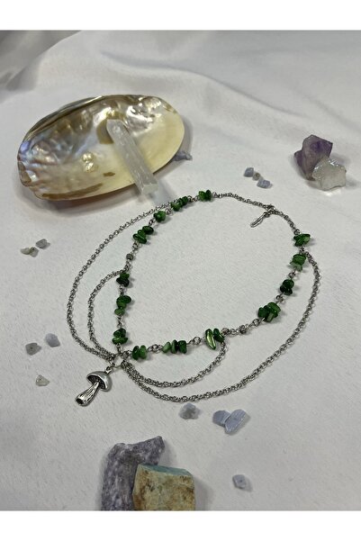 Lullaby Yeşil Sedef Mantar Fairycore Y2k Goth Hediyelik Tasarım Doğal Taş Kolye