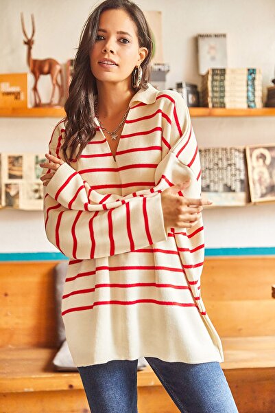 Olalook Women's Red Polo Collar Striped Oversize Knitwear Sweatshirt KZK-19000583