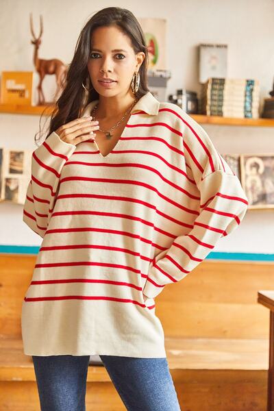 Olalook Women's Red Polo Collar Striped Oversize Knitwear Sweatshirt KZK-19000583